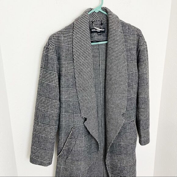 Karl Lagerfeld Houndstooth Plaid Wrap Trench Jacket - Picture 3 of 10